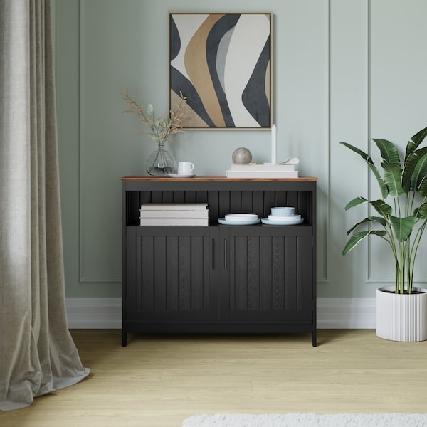Flash Furniture Mayfield 40in. Buffet and Sideboard w/Dbl Door Storage Cabinet and Open Storage Shelf, Blk w/Walnut NAN-F-HY-B23108-BLWAL-GG - main